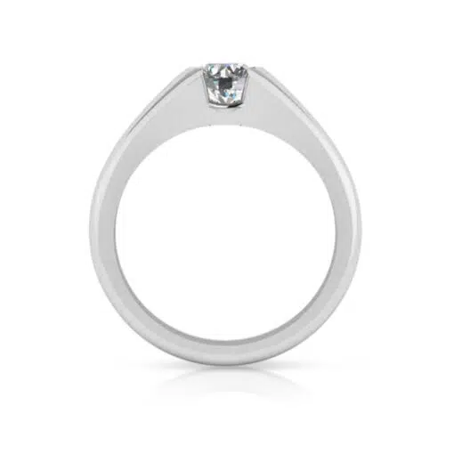 A modern style diamond ring with a diamond tension set in the centre, the ring also has under rail for extra strength.